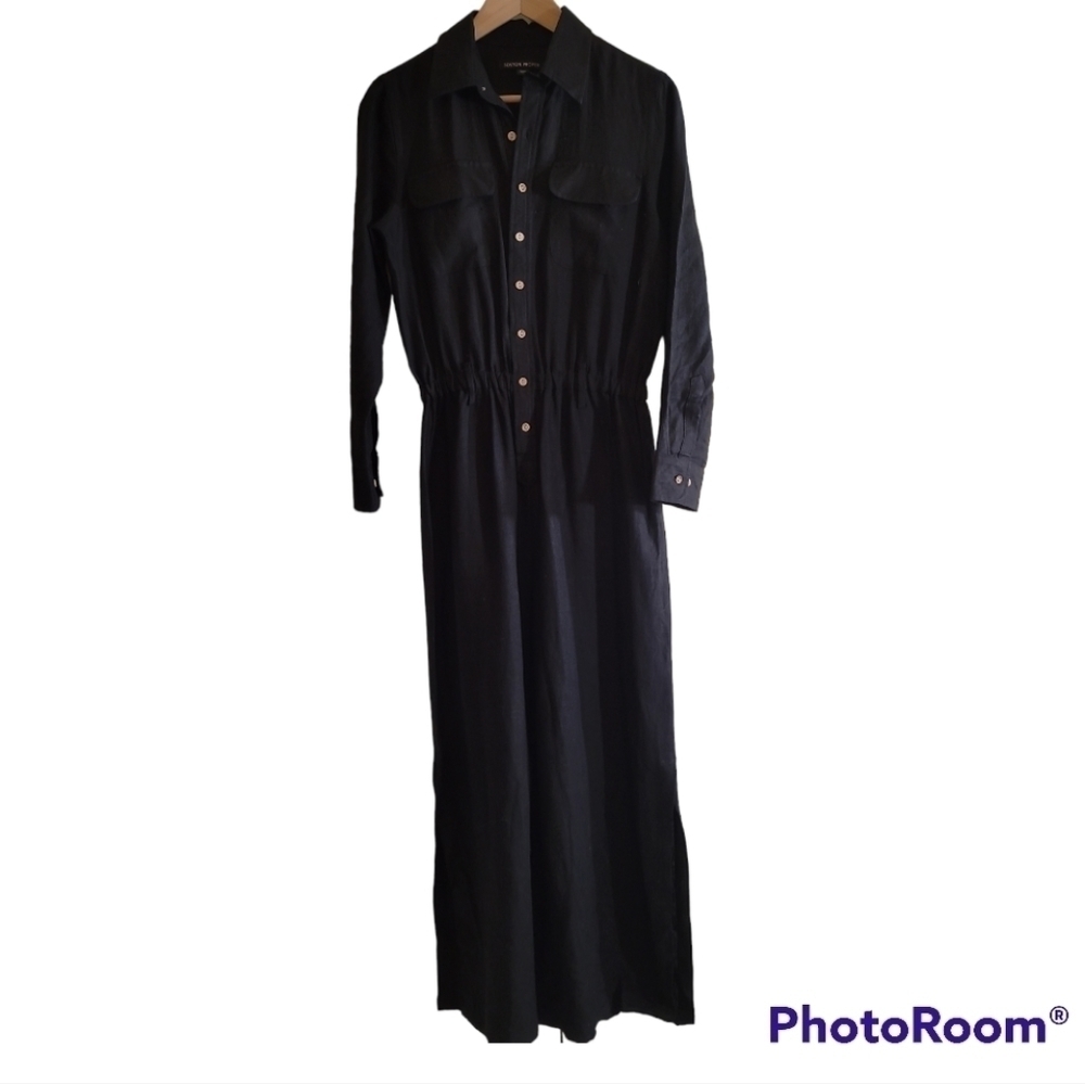 Boston Proper Long-Sleeve Linen Wide-Leg Utility Jumpsuit Small Black - Picture 5 of 13